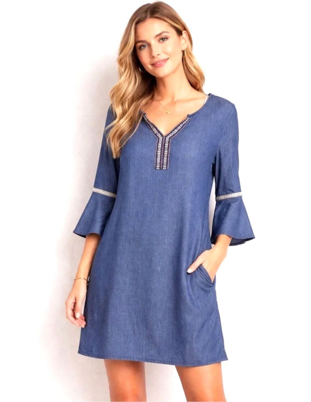 Naif Chambray Embroidered Midi Dress Womens L Boho Festival Bell Sleeve
